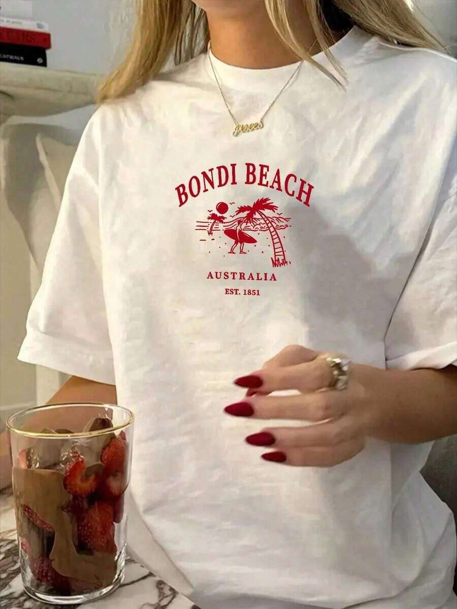 Camiseta de manga corta de verano para mujer con estampado casual y sencillo de la playa Bondi de Australia, tops casuales de uso diario y estilo callejero para el verano, camisetas lindas para la playa, tops de verano para mujer, tops para salir en verano - Blanco 4 - Ver 1