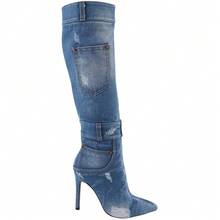 Botas altas hasta el muslo con tacón de aguja de denim para mujer, botas altas hasta la rodilla de punta puntiaguda - Celeste - Ver 2