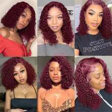 ownvmor 8-16 Inches Kinky Curly Wig Glueless Wig Curly Headband Wigs For Women Human 200% Density Burgundy 99J Deep Wave Blend Human Hair Wigs 13x4 Lace Front Wigs Human Hair Put On And Go Curly Bob Glueless Wigs Natural Color Black Wig Beginner Friendly Wear And Go Headband Deep Curly Wig No Glue Blended Human Hair Wig For Daily Use - 酒紅色 - 查看 11