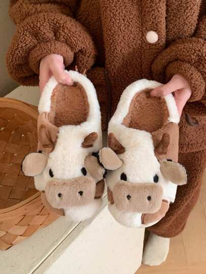 Women's Warm Plush Cartoon Cow Pattern Slippers, Comfortable And Fashionable Indoor Slippers For Winter
