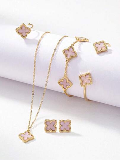 6pcs Four-Leaf Clover Fashion Versatile Lucky Clover Jewelry Set Including Earrings, Necklace, Bracelet, Bangle, Ring, Suitable For Women As Valentine's Day, Mother's Day Gift