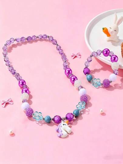 2pcs/Set Girls' Cute Unicorn Pendant Necklace & Beaded Bracelet Jewelry Set, Charm Children Jewelry For Holiday Party Gift, Random Color