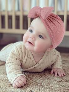 3件套婴儿幼儿大蝴蝶结发带帽组合，1-6个月，柔软提花蝴蝶结针织帽，四季皆宜 - 彩色 - 查看 1