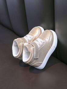 26 Spring/Summer Sports Style Gold Hook & Loop High-Top Sneakers, Suitable For Ramadan, Back To School, New Year, Unisex Kids Outdoor Sports, Commuting, Campus Activities - Gold - View 7