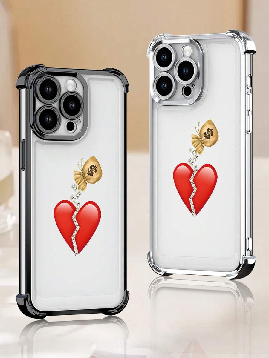 Lujo Ligero, Estilo y Belleza"Corazón roto, dinero y uñas largas"Funda de Teléfono Transparente de Color Plata con Protección en las Cuatro Esquinas, Compatible con 17PROMAX, 17PRO, 17Air, 17 - transparente - Ver 1