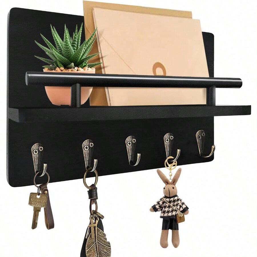 Key Holder Wall Mount Decorative Key Rack With Shelf 5 Sturdy Hooks Rustic Key Hooks For Wall For Mail Organizer Hanging Dog Leash Glasses Wooden Key Hanger With Mounting Hardware - 黑色 - 查看 1