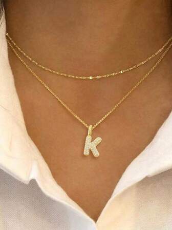 2 件套全新密镶锆石字母金色不锈钢唇链颈链多层项链女士