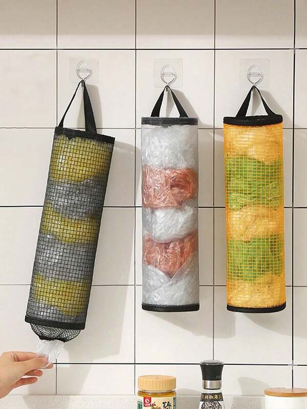Garbage Bag Storage God Extractable Shoe Cover Organizer Woven Mesh Pocket Household Grocery Bag Holder Wall Mounted Plastic Bag Holder Dispenser Hanging Storage Garbage Trash Trash Bags Kitchen Trash Organizers