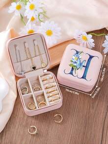 1 Peça Caixa de Joias Minimalista com Floral e Letra, Caixa de Joias Portátil de PU para Viagens de Verão, Mini Organizador de Joias para Brincos, Colares, Anéis, Exibição e Armazenamento de Joias, Caixa de Joias de Grande Capacidade, Adequada para Presentes do Dia das Mães, Natal, Halloween, Organizador de Joias Feminino, Essencial de Viagem, Armazenamento de Dormitório de Volta às Aulas - Rosa chiclete - Visão 35