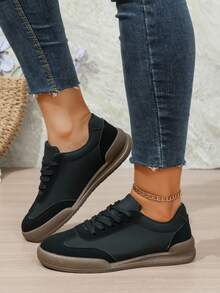 女士户外休闲运动鞋，金属扣装饰，人造革，系带，舒适时尚，2025年秋季新款 - 黑色 - 查看 3