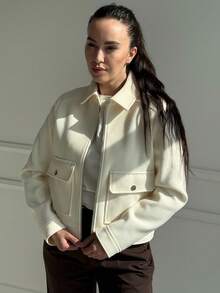 Chaqueta de tweed blanco para mujer con cremallera frontal y bolsillos, estilo de calle para otoño e invierno - Blanco - Ver 5