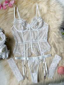 Women Lace Bustier & Panty Set With Garter Belt Lingerie Set - White - View 3
