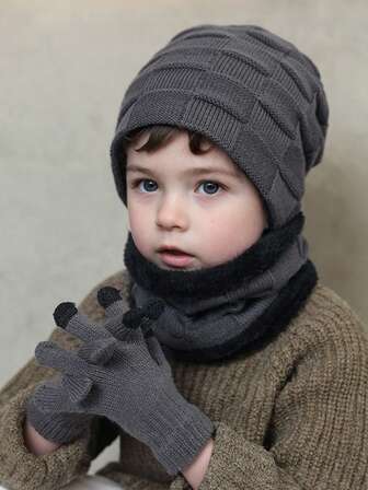 Set de 3 piezas de gorro, guantes y bufanda de invierno para niños, gorro de punto con protección de oídos para exteriores para niños y niñas
