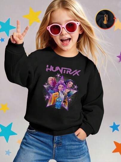 Fondo estrellado con estampado de un grupo femenino de K-pop.  Estilo holgado para niñas,Sudadera oversize informal Curve, versátil para otoño/invierno, tejido grueso, cálido forro polar, cuello redondo, sudadera informal holgada, prenda exterior versátil, estilo urbano/preppy, manga larga, adecuada para clima frío, mezcla de algodón, forro polar, cómoda, manga larga, para niños.