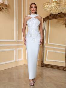 Đầm dự tiệc không tay gợi cảm có tua rua dành cho nữ, thích hợp cho tiệc chiêu đãi, tiệc cocktail, đám cưới, màu trắng mùa xuân. - trắng - Xem 2