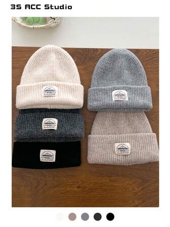 Oversized Slouchy Beanie, Unisex Casual Autumn/Winter New American Vintage Warm Knit Hat, Letter Patch Solid Color Warm Knitted Hat, Suitable For Outdoor, Couples,