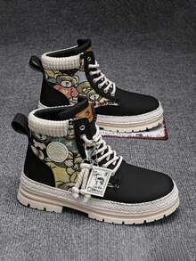High-Top Men's Shoes, New Autumn/Winter Sports Casual Canvas Graffiti Boots, Men's Work Short Boots