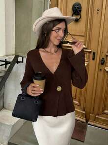 Nuevo suéter de punto de manga larga con cuello en V y botones dorados en forma de V, de unicolor, para otoño e invierno, para mujer. Elegante, casual, de corte ceñido, versátil, para uso diario y para ir a trabajar. Ropa de mujer de otoño, Navidad y Año Nuevo