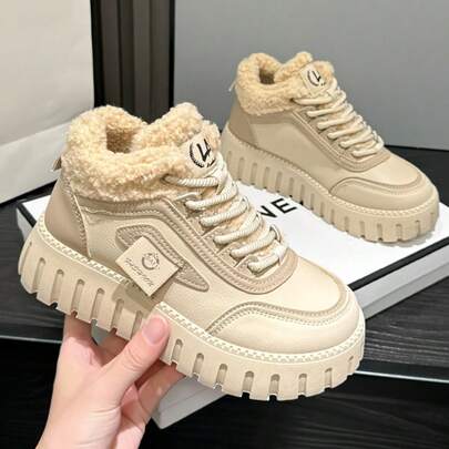 女士系带运动鞋，复古风格，适合通勤、上学、度假、户外活动、冬季穿着，带保暖内衬