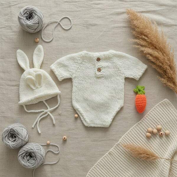 3pcs/Set Newborn Photography Props Soft Knitted Bunny Romper With Carrot Baby Photoshoot Outfits Rabbit Shorts Photo Accessories For Infant Boys Girls