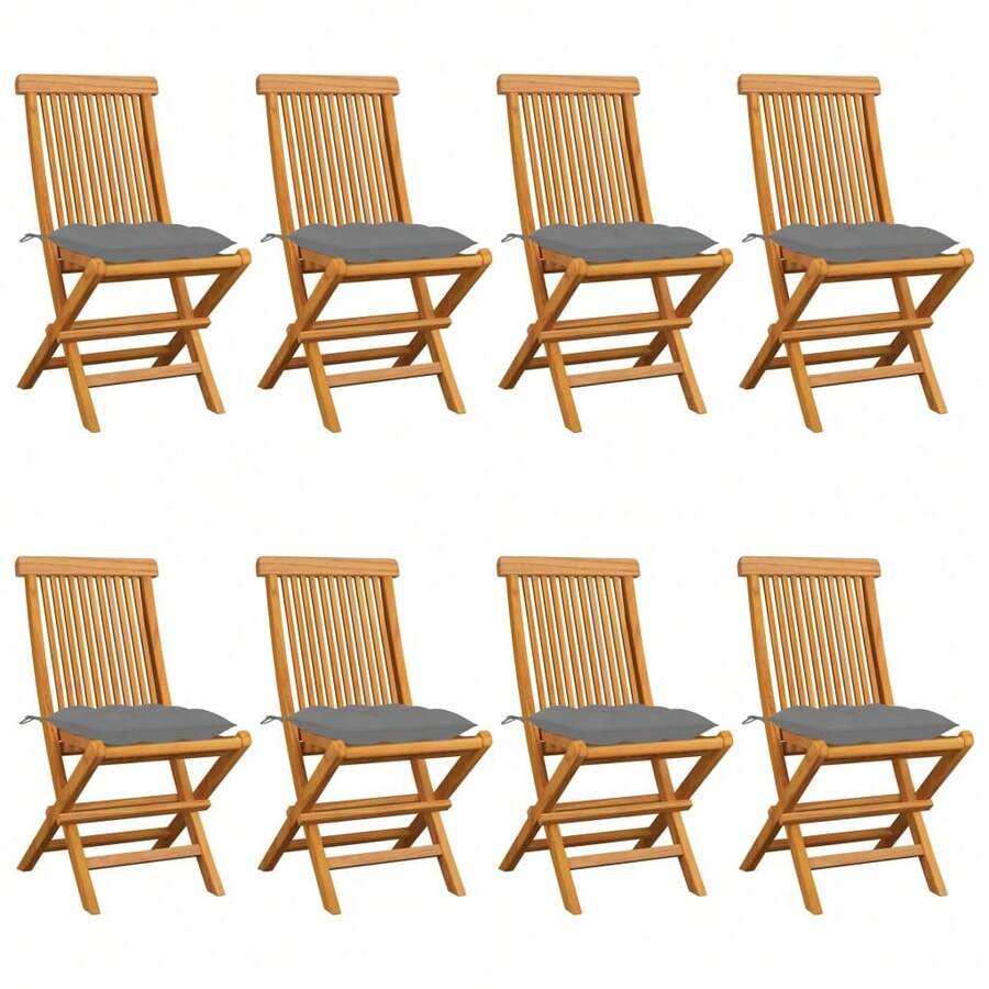 vidaXL 8 Stück Gartenstühle Mit Grauen Kissen, Massivholz Teak - Grau - Übersicht 1