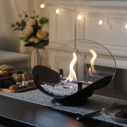 Oval Tabletop Fire Bowl With Two-Sided Glass 24.5 Cm High Portable Tabletop Fireplace–Clean-Burning Bio Ethanol Ventless Fireplace For Indoor Outdoor Patio Parties Events