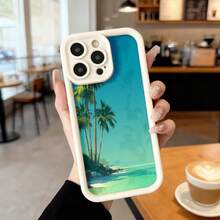 Cubierta de teléfono con borde negro y diseño tropical azul con palmeras y playa para uso diario en cafeterías y viajes Aplicable a los teléfonos de la serie Apple y Galaxy - Café integral - Ver 4