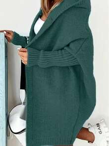Cárdigan de punto con capucha de manga larga informal, otoño/invierno - Verde Oscuro - Ver 2