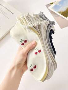 5 Pairs Women's Cute Cherry Pattern Simple Ankle Socks With Ruffle Trim, Fashion Ins Style Comfortable White Socks, Random Color, Suitable For Summer, Autumn And Winter - Multicolor - View 4