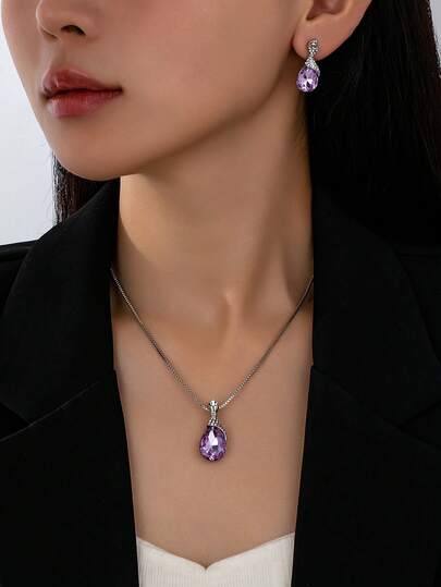 Set 3 buc. colier și cercei cu pandantiv elegant în stil francez, simplu, violet, cu picătură de apă, potrivit pentru ținute zilnice, petreceri sau cadouri pentru femei