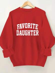 Women'S Pink "Favorite Daughter" Graphic Sweatshirt - Cozy Crew Neck, Long Sleeves With Ruffled Cuffs, Casual Fall/Winter Pullover, Casual Wear | Ruffled Cuff Design | Comfortable Fit - 紅色 - 查看 1