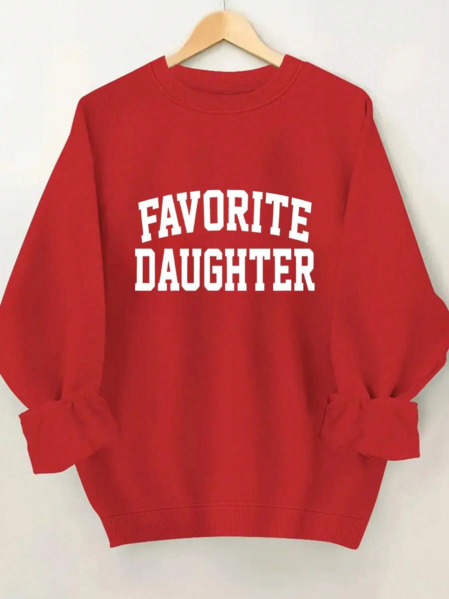 Women'S Pink "Favorite Daughter" Graphic Sweatshirt - Cozy Crew Neck, Long Sleeves With Ruffled Cuffs, Casual Fall/Winter Pullover, Casual Wear | Ruffled Cuff Design | Comfortable Fit - 紅色 - 查看 1