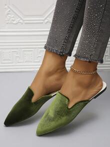 Talla grande 35-45 Mulas planas de punta negras con slip-on para mujeres, nuevos mocasines casuales de otoño para uso diario al aire libre, con suela blanda, slip-on planos de moda versátiles que combinan con vestidos - Verde (terciopelo dorado) - Ver 6