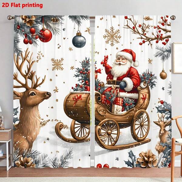Conjunto de 2 peças de decoração natalina, cortina de janela com Papai Noel e bolas vermelhas de Natal, design com bolso para varão, decoração aconchegante para as festas de fim de ano, ideal para sala de estar, quarto, cozinha, hotel e restaurante.