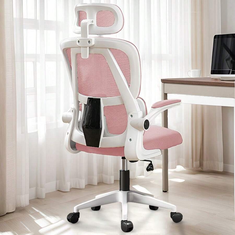 Wireless Fabric High Back Computer Chair With Armrests And Lumbar Support, Suitable For Portable Home Office Desks And Chairs For Household Use - 粉色 - 查看 1