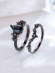 Bộ 2 chiếc, Nhẫn Opal tổng hợp cắt hình quả lê tím cổ điển và thiết kế hình lá màu đen, Thích hợp cho lễ hội, tiệc tùng, đeo hàng ngày, mọi mùa - Nhiều màu - Xem 5