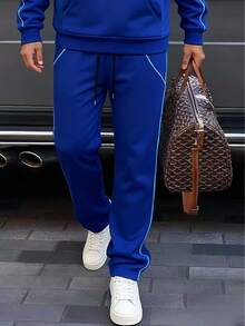 Men's Blue Raglan Sleeve Drawstring Hooded Sweatshirt And Pants Casual Suit