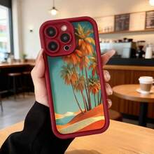Cubierta de teléfono con borde negro diseño de palmeras tropicales en tonos naranja y turquesa para uso diario en cafeterías y viajes Aplicable a los teléfonos de la serie Apple y Galaxy - Café integral - Ver 5