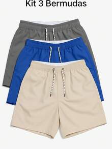 Kit Of 3 Men's Spandex Shorts With Pockets, Adult Style, Surf, Beach, Pool, Quick-Drying, Gym, Workout - 灰色/皇家藍/米色 - 查看 2
