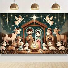 2D Christmas Nativity Scene Banner - Polyester, Suitable For Outdoor And Home Holiday Decor, Photography Backdrop - 1pcs - View 2