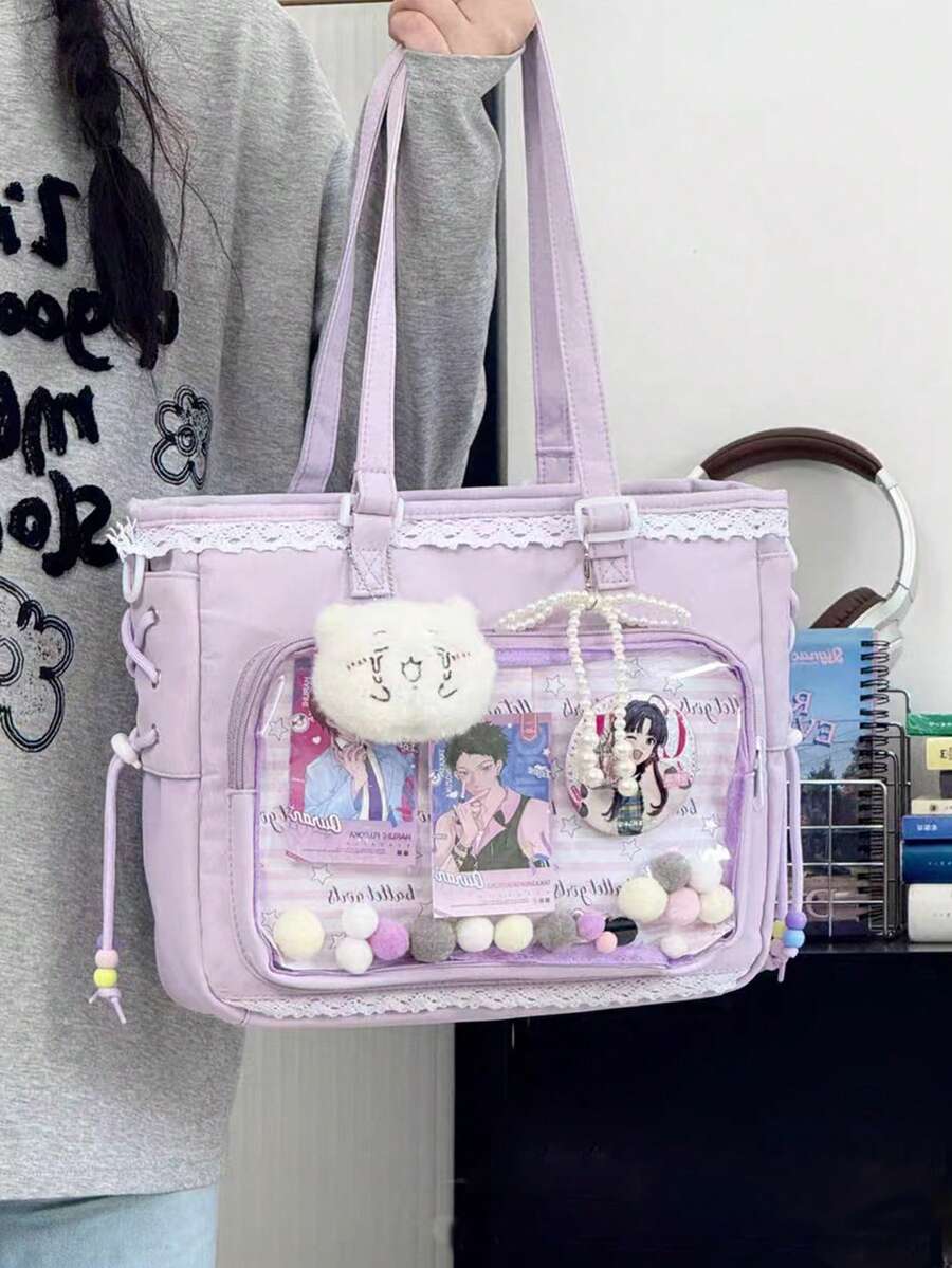 1个可爱日系女孩单肩包，珍珠蝴蝶结和蕾丝饰边展现优雅精致，透明动漫角色扮演配饰包，侧边抽绳休闲手提包，大容量，适合购物、聚会、展示动漫周边、旅行、学生使用。