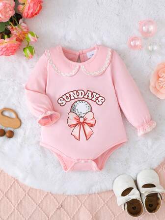 Bodys de manga larga con cuello y cierre a presión con lindo estampado de bola de golf y moño para bebés niñas