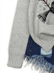 Round Neck Christmas Print Relaxed Casual Knit Pullover Top,Autumn Women,Women's Winter Sweater,Christmas Clothes - Grey - View 6