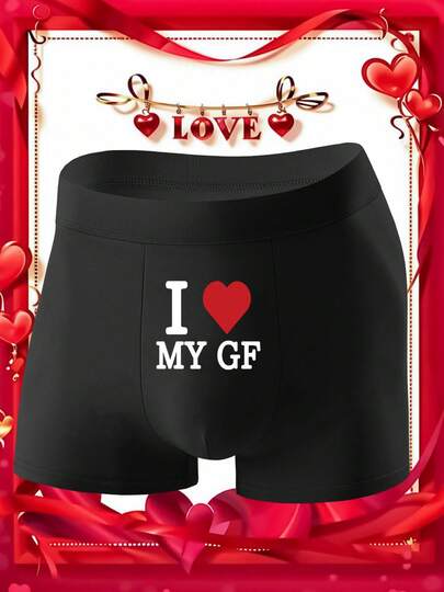 1 boxershorts med trycket "I LOVE MY GF", mjuka och bekväma underkläder, lämpliga att bära hemma, vid camping och sport, lämpliga för pojkvänner som present på årsdagar, alla hjärtans dag och födelsedagar, full av överraskningar
