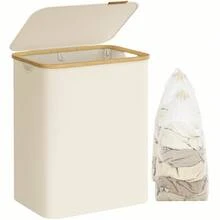 SONGMICS Cesto de Ropa Sucia con Tapa, Gran Cesta Colada de 2 Secciones, 130 L, Forro de Malla Extraíble, Tejido Oxford, Asas Bambú, Plegable, 52 x 38,5 x 70,5 cm, Blanco Crema - lechoso - Ver 9