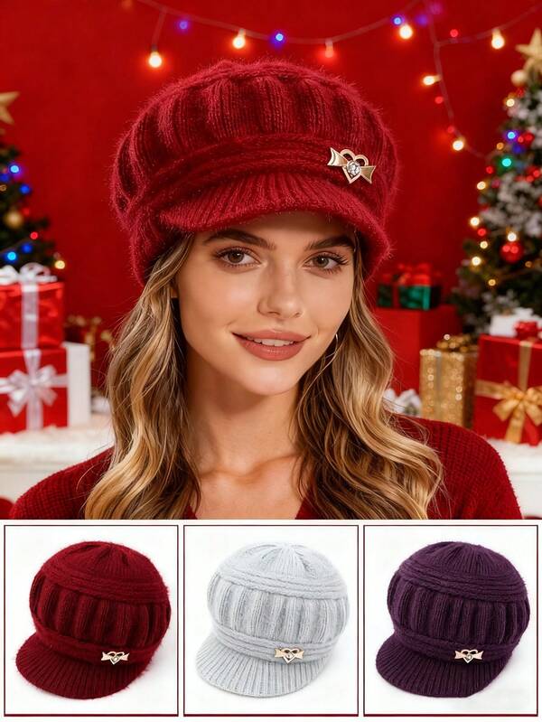 1 Stück Gestrickter Damenhut mit dickem Rand und Herz-Strass für Winter & Weihnachtsstil, Zeitungsjungenhut