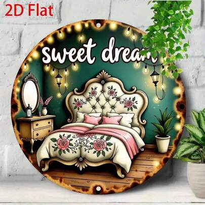 1个复古圆形金属锡牌 - 复古卧室场景，饰有玫瑰花图案和“甜蜜梦乡”字样，8 x 8英寸金属装饰板，适用于厨房、花园、咖啡馆、酒吧、车库装饰，可爱房间装饰，怀旧设计，表面光滑，孔位随机。