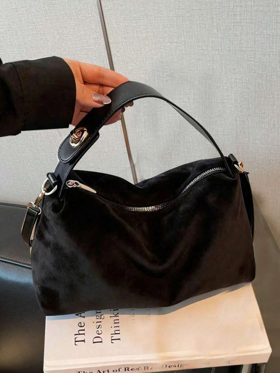 1 件女士新款新月手提包,时尚简约绒面革托特包,适合秋冬约会、送礼、通勤、购物 - 黑色 - 查看 1