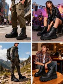 Botas casuales de caña alta para hombres, Botas De Trabajo Multifuncional, Botas negro para hombre, estilo británico, talla grande, de cuero, botas de trabajo casuales, con aumento de altura, adecuadas para todas las estaciones. - Cuero negro - Ver 6