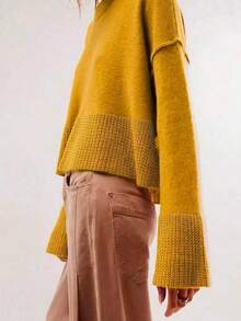 Suéter de cuello redondo de manga larga de unicolor, talla grande, otoño/invierno - Amarillo - Ver 2
